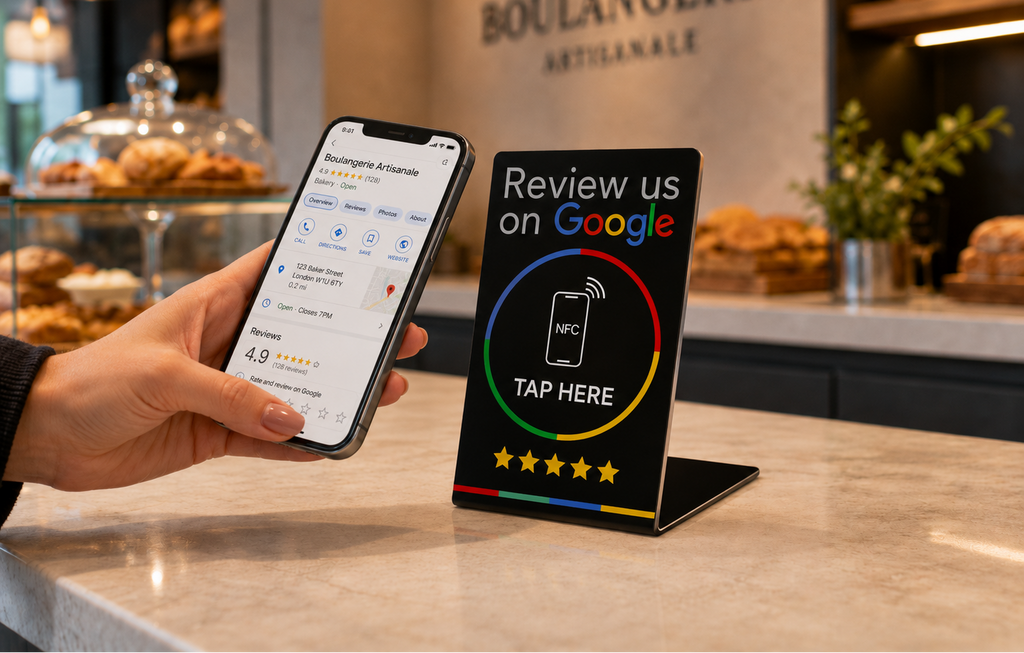 Person using a smartphone to review a bakery on Google, with a digital sign in the background.